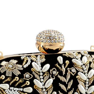 Black Hand Embroidery Oval Shaped Pearl Studded Velvet Clutch