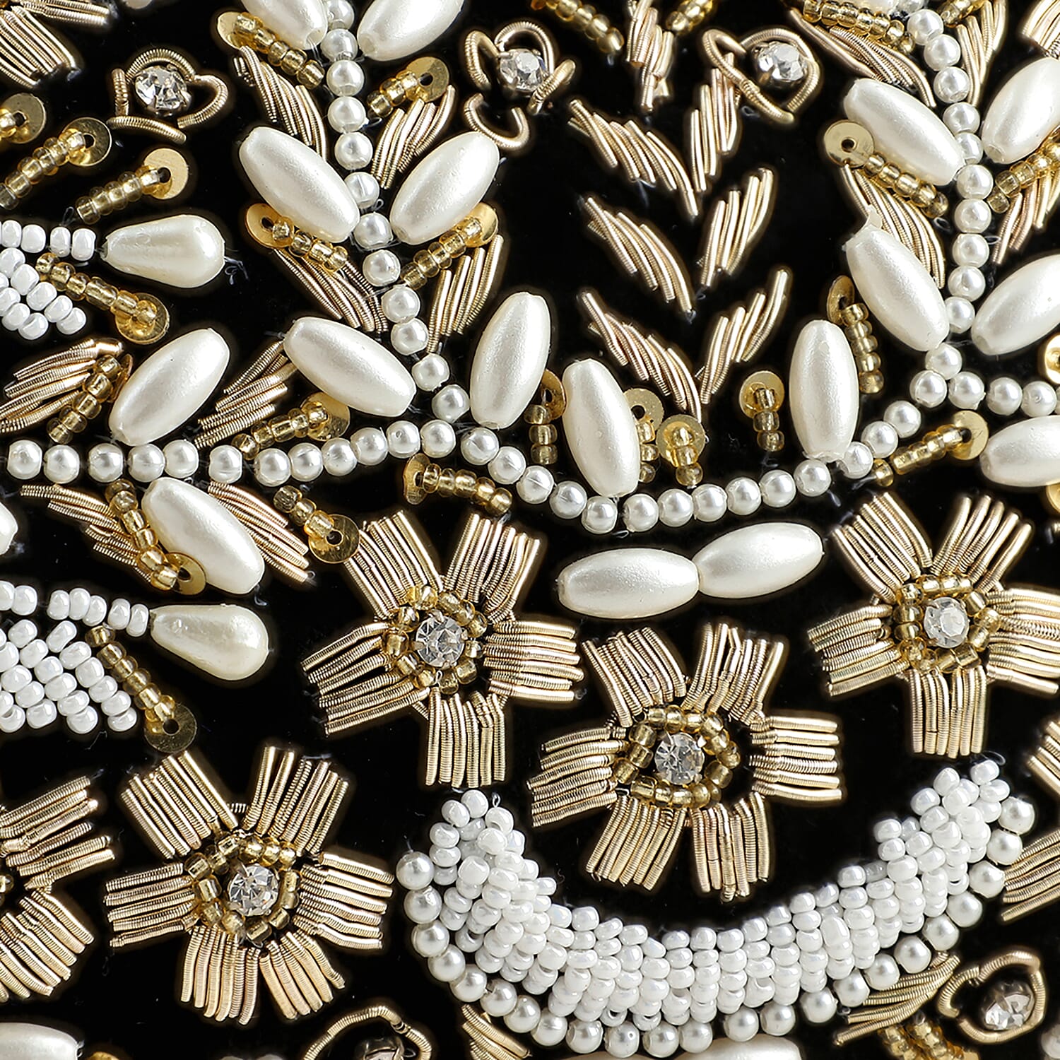 Black Hand Embroidery Oval Shaped Pearl Studded Velvet Clutch