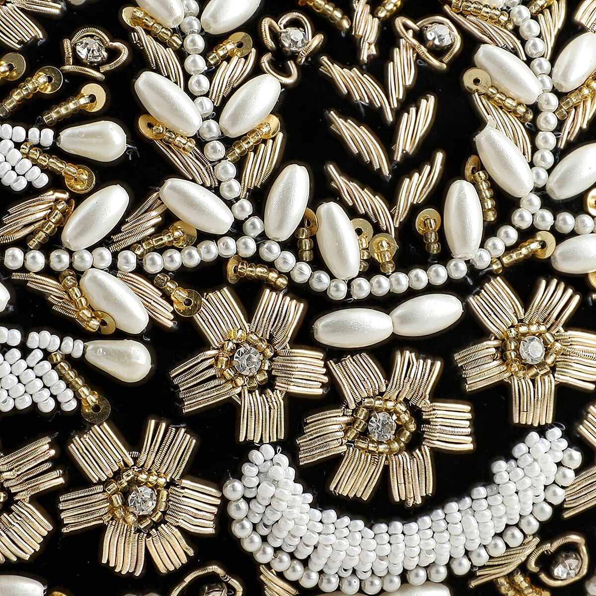 Black Hand Embroidery Oval Shaped Pearl Studded Velvet Clutch image number 7