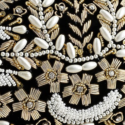 Black Hand Embroidery Oval Shaped Pearl Studded Velvet Clutch