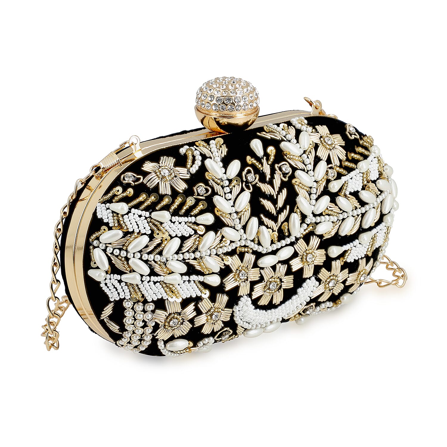 Black Hand Embroidery Oval Shaped Pearl Studded Velvet Clutch