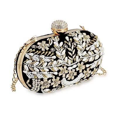 Black Hand Embroidery Oval Shaped Pearl Studded Velvet Clutch