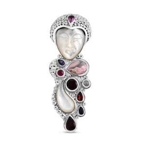 Sajen Silver Carved Bone and Multi Gemstone 10.25 ctw Pendant without Chain in Sterling Silver