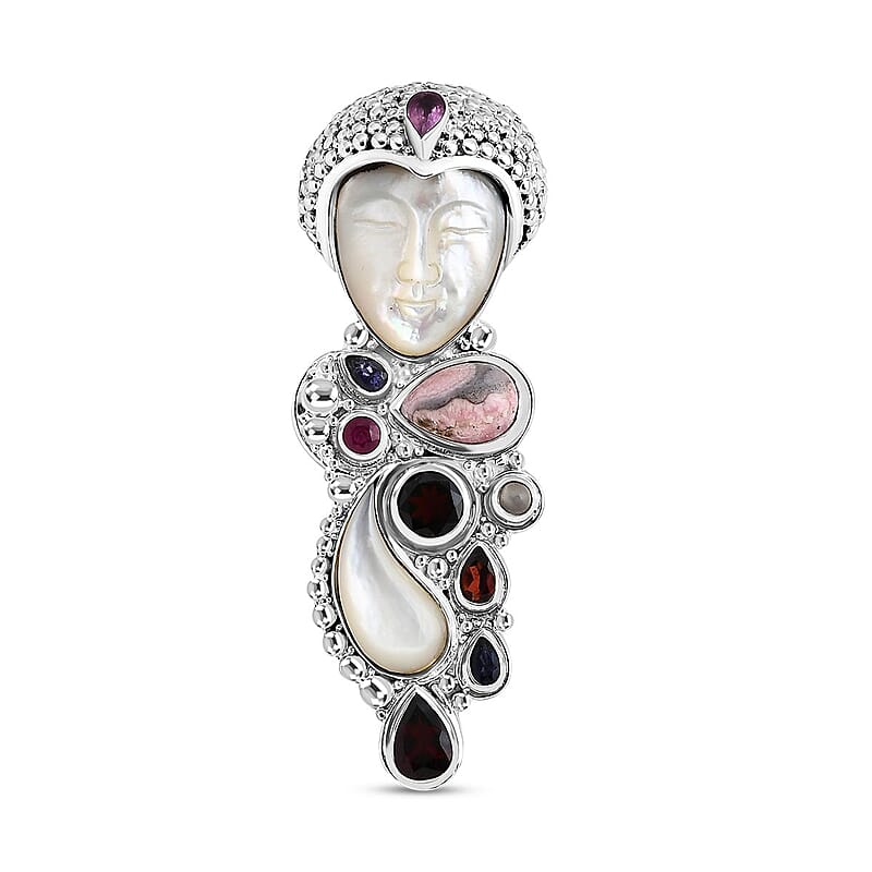 Sajen Silver Carved Bone and Multi Gemstone 10.25 ctw Pendant without Chain in Sterling Silver