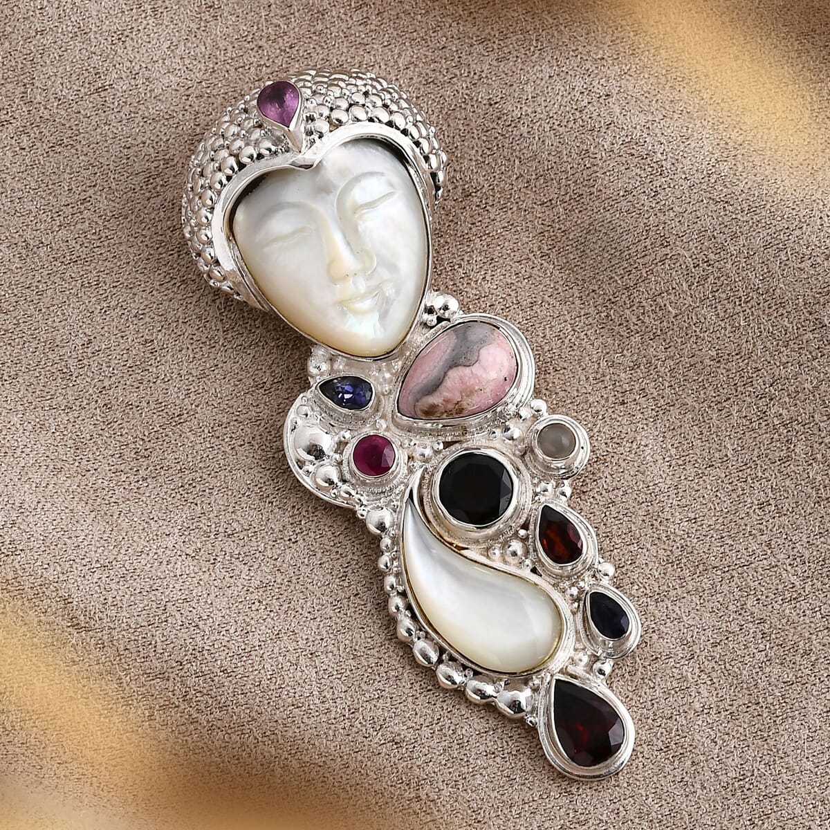 Sajen Silver Carved Bone and Multi Gemstone 10.25 ctw Pendant without Chain in Sterling Silver image number 1