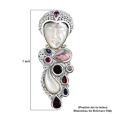 Sajen Silver Carved Bone and Multi Gemstone 10.25 ctw Pendant without Chain in Sterling Silver