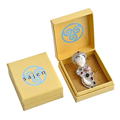 Sajen Silver Carved Bone and Multi Gemstone 10.25 ctw Pendant without Chain in Sterling Silver