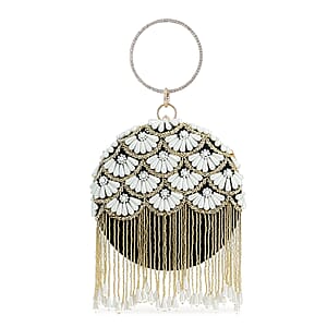 Green Hand Embroidery Pearl Studded Velvet Clutch with Tassels, Ring Handle and Sling Chain