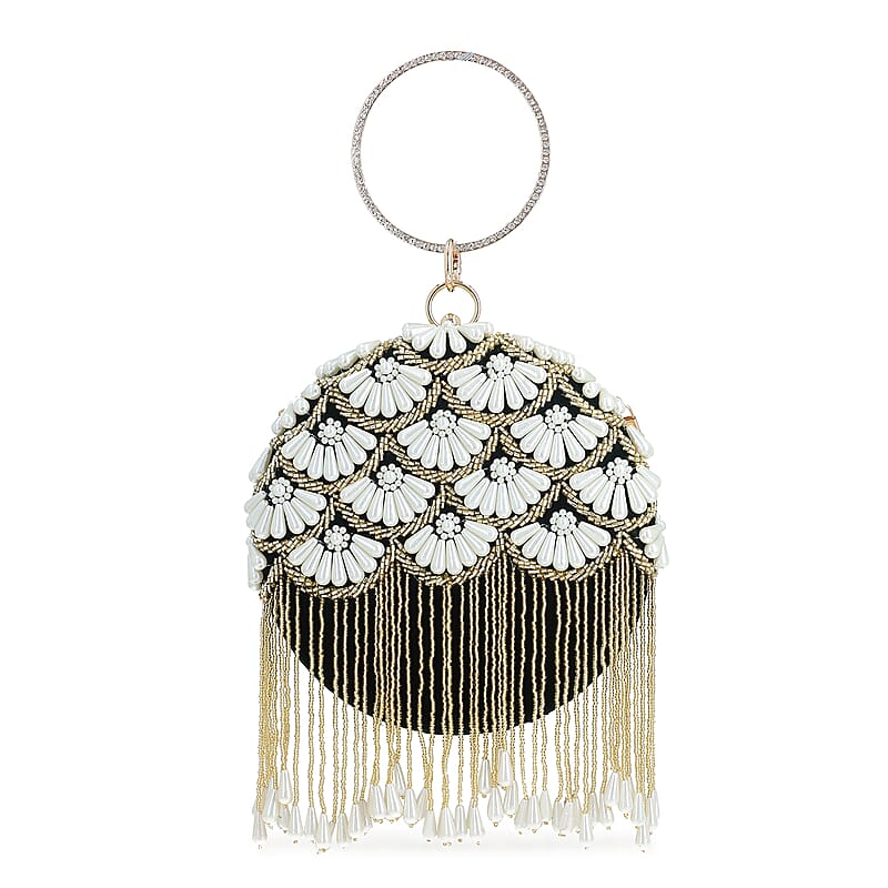 Green Hand Embroidery Pearl Studded Velvet Clutch with Tassels, Ring Handle and Sling Chain