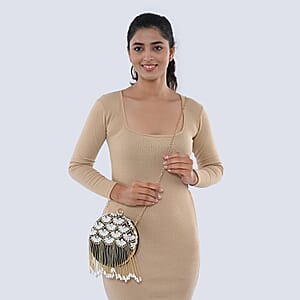 Green Hand Embroidery Pearl Studded Velvet Clutch with Tassels, Ring Handle and Sling Chain