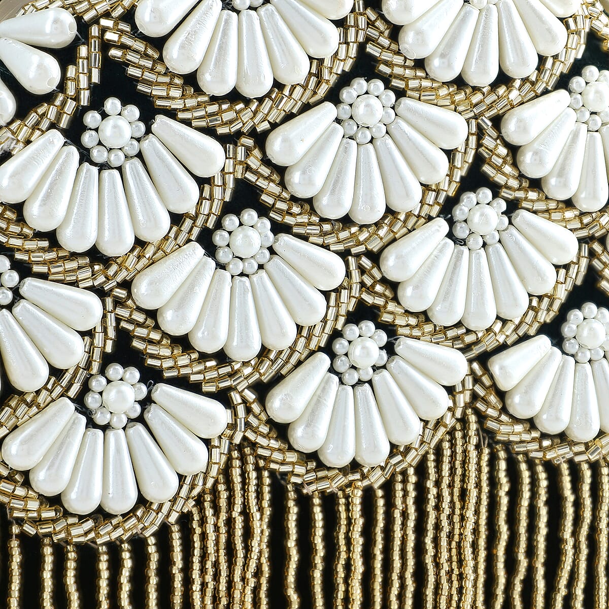 Green Hand Embroidery Pearl Studded Velvet Clutch with Tassels, Ring Handle and Sling Chain image number 2