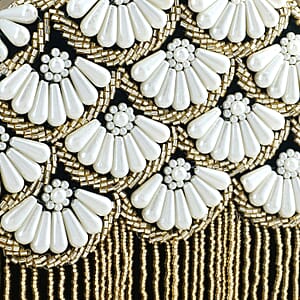 Green Hand Embroidery Pearl Studded Velvet Clutch with Tassels, Ring Handle and Sling Chain