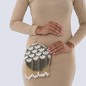 Green Hand Embroidery Pearl Studded Velvet Clutch with Tassels, Ring Handle and Sling Chain