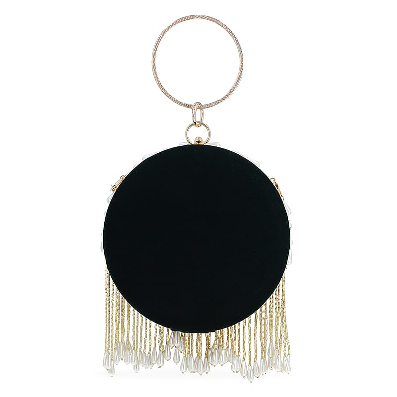 Green Hand Embroidery Pearl Studded Velvet Clutch with Tassels, Ring Handle and Sling Chain