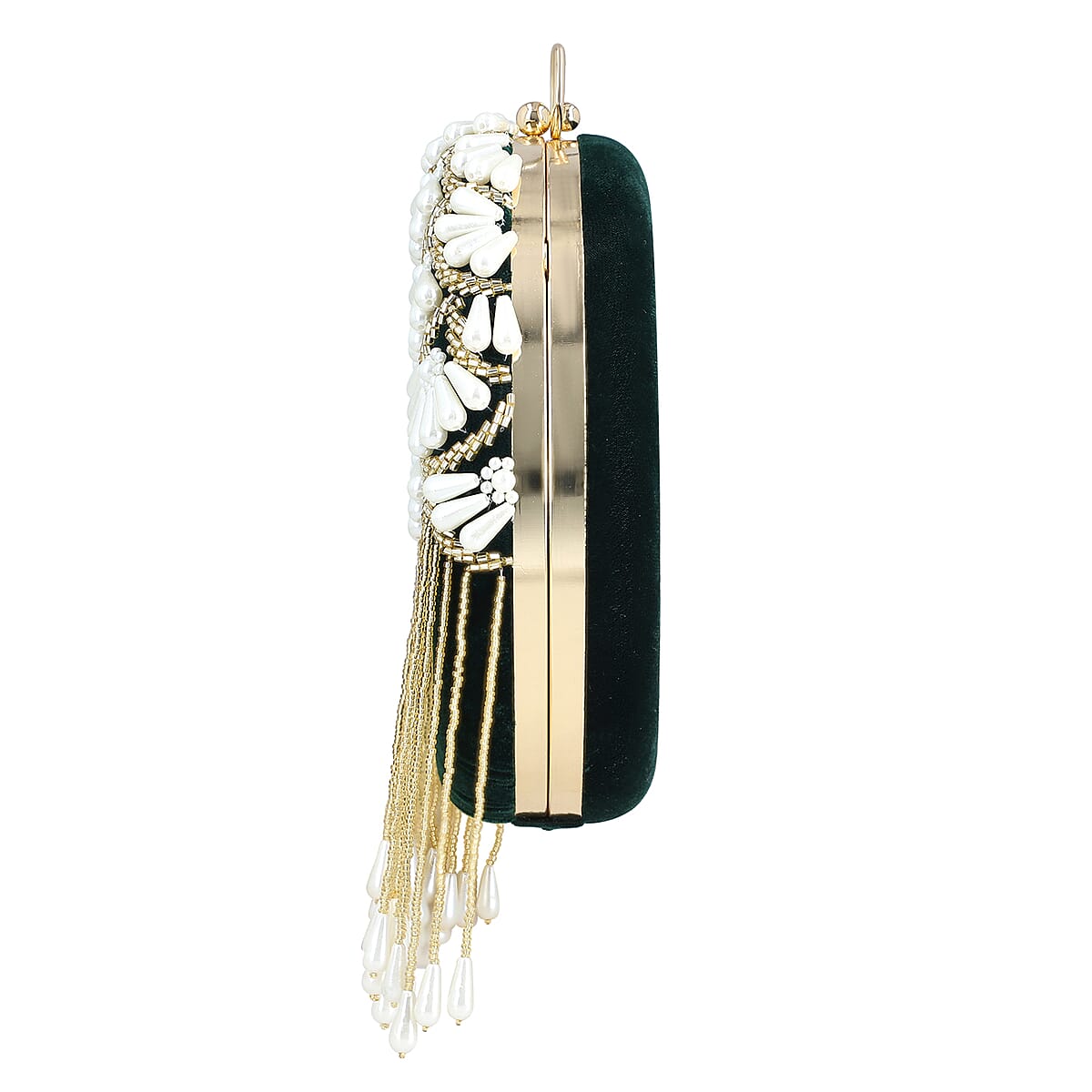Green Hand Embroidery Pearl Studded Velvet Clutch with Tassels, Ring Handle and Sling Chain image number 7