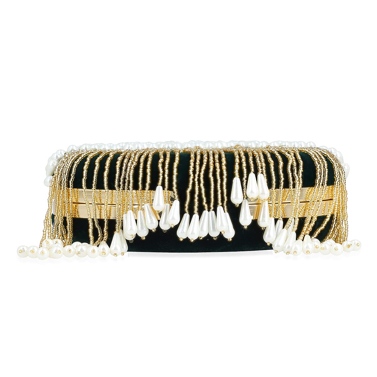 Green Hand Embroidery Pearl Studded Velvet Clutch with Tassels, Ring Handle and Sling Chain image number 8