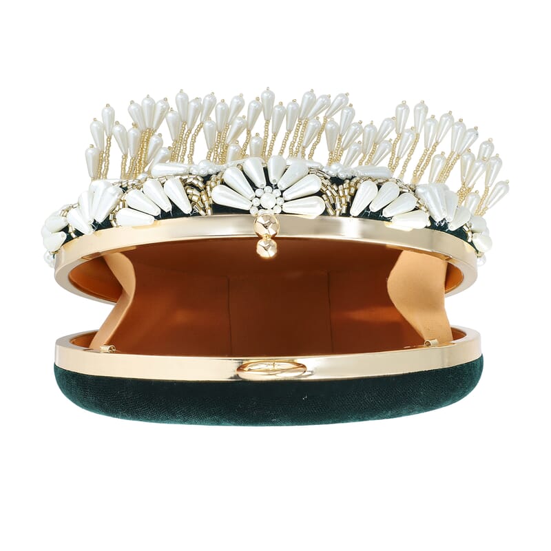 Green Hand Embroidery Pearl Studded Velvet Clutch with Tassels, Ring Handle and Sling Chain