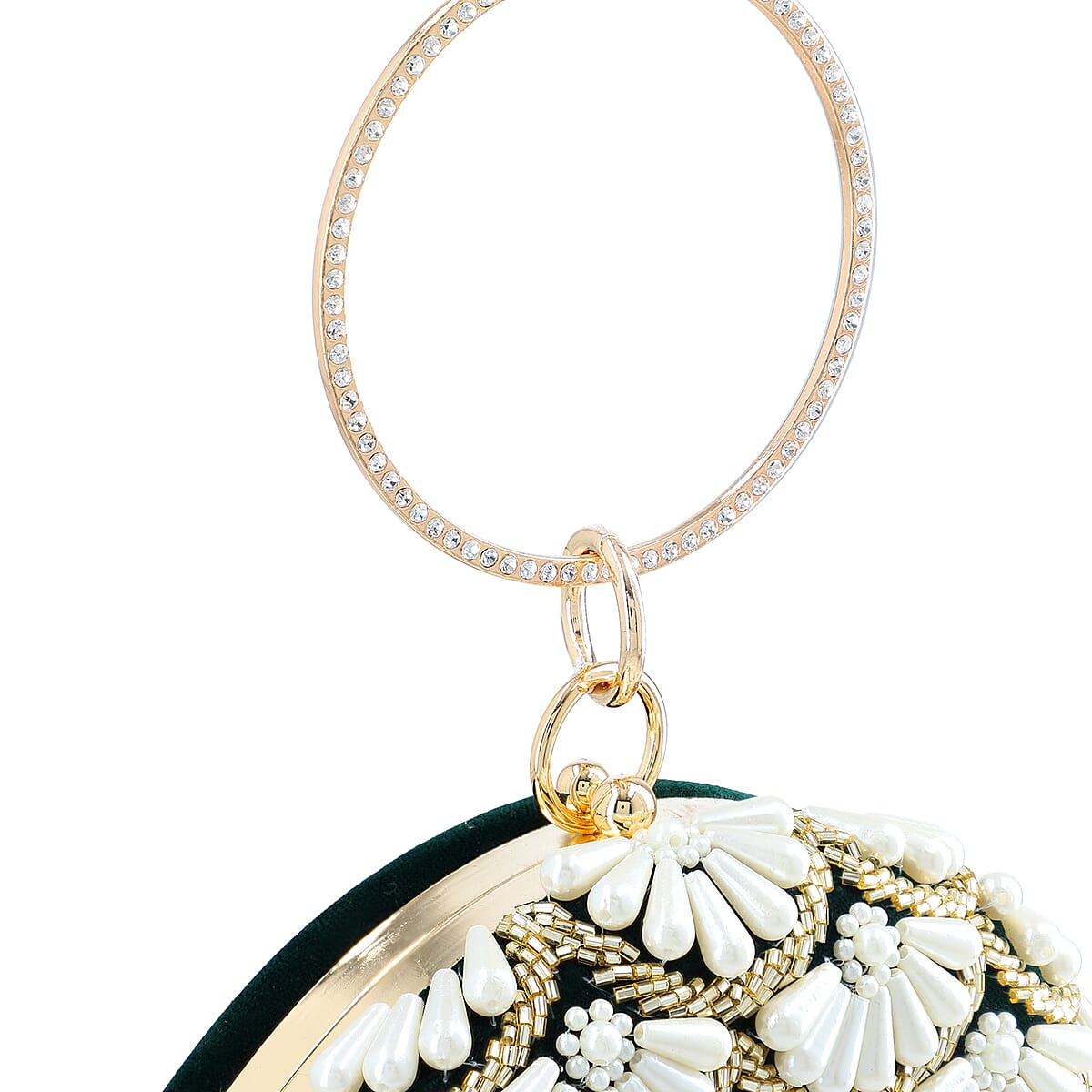 Green Hand Embroidery Pearl Studded Velvet Clutch with Tassels, Ring Handle and Sling Chain image number 10