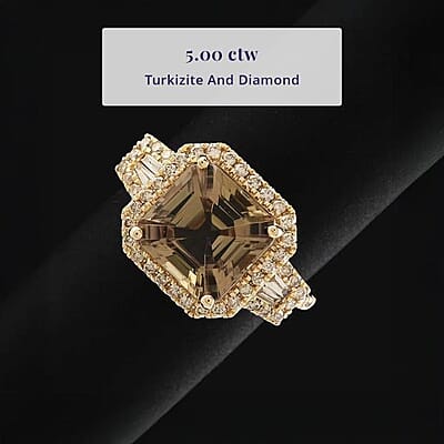 Certified & Appraised Luxoro 14K Yellow Gold AAA Turkizite, Diamond (G-H, I2) (0.49 cts) Ring (Size 5.0) 5.00 ctw