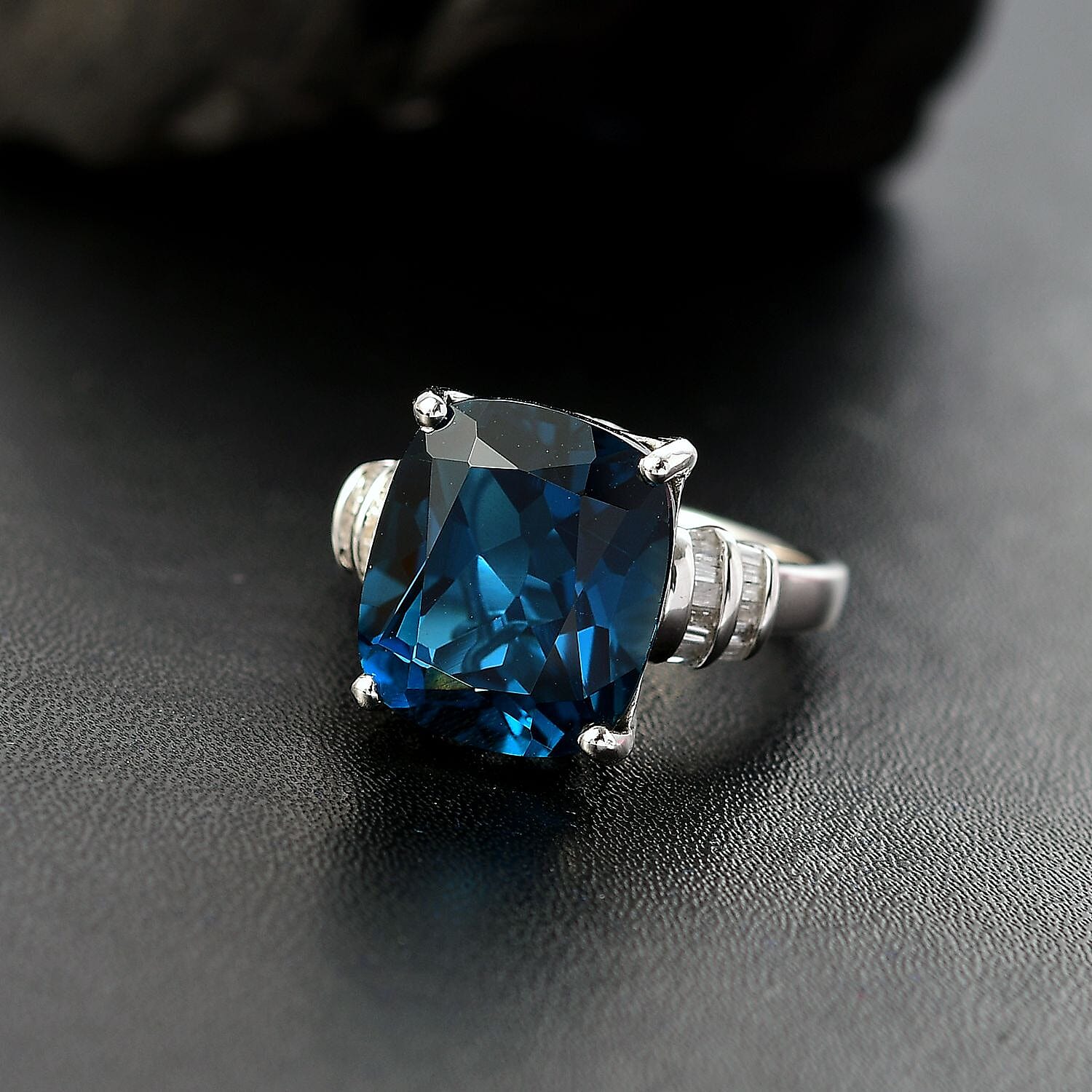 D'Joy Premium London Blue Topaz and Diamond 11.20 ctw Deep Ocean Ring in Rhodium Over Sterling Silver (Size 6.0)