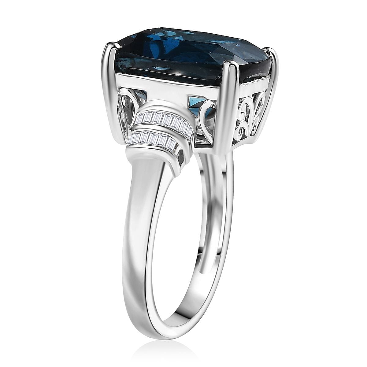 D'Joy Premium London Blue Topaz and Diamond 11.20 ctw Deep Ocean Ring in Rhodium Over Sterling Silver (Size 6.0)