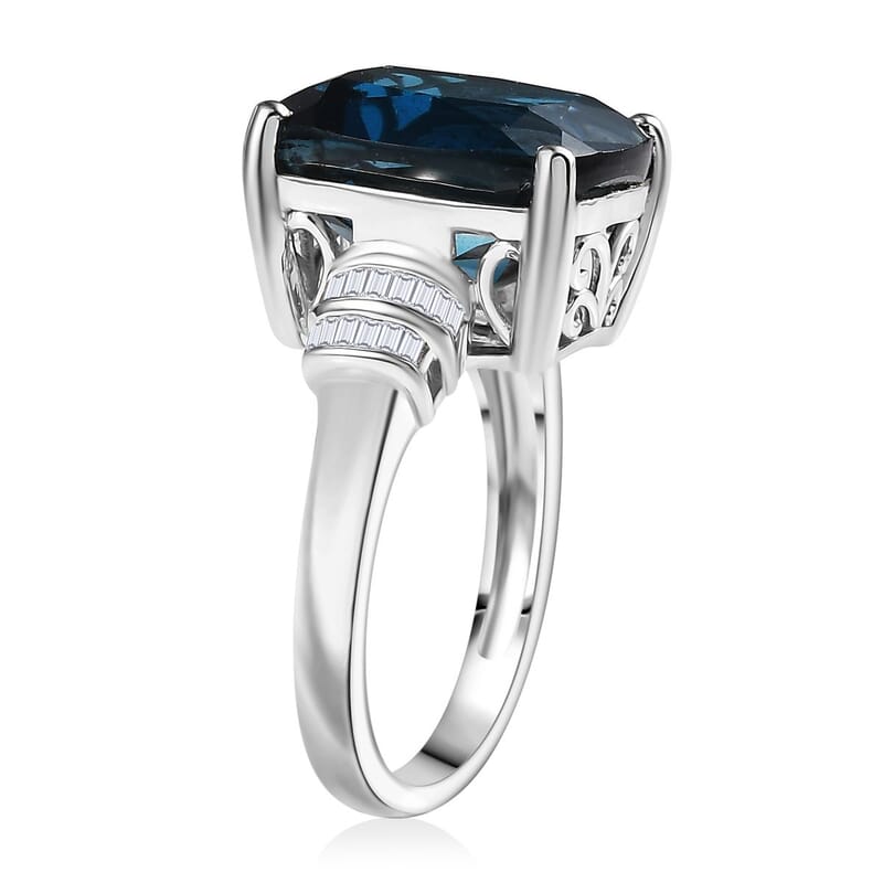 D'Joy Premium London Blue Topaz and Diamond 11.20 ctw Deep Ocean Ring in Rhodium Over Sterling Silver (Size 6.0)