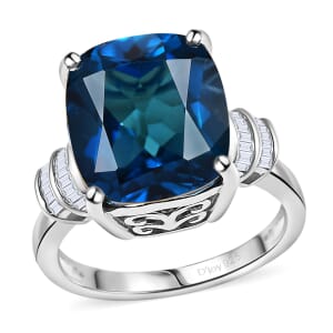 D'Joy Premium London Blue Topaz and Diamond 11.20 ctw Deep Ocean Ring in Rhodium Over Sterling Silver (Size 7.0)
