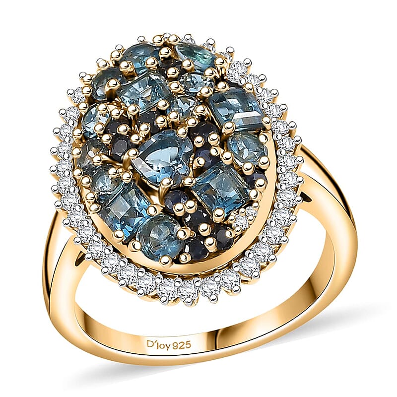 D'Joy Premium London Blue Topaz and Multi Gemstone 3.25 ctw Ocean Mosaic Ring in 18K Vermeil Yellow Gold Over Sterling Silver (Size 10.0)