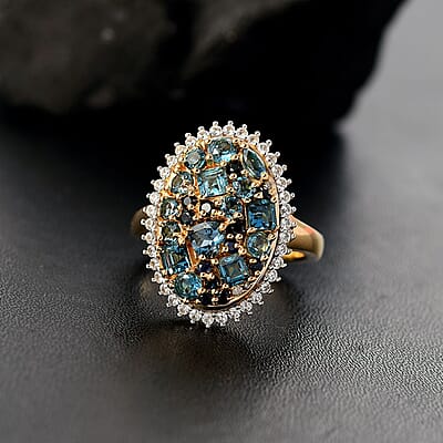 D'Joy Premium London Blue Topaz and Multi Gemstone 3.25 ctw Ocean Mosaic Ring in 18K Vermeil Yellow Gold Over Sterling Silver (Size 10.0)