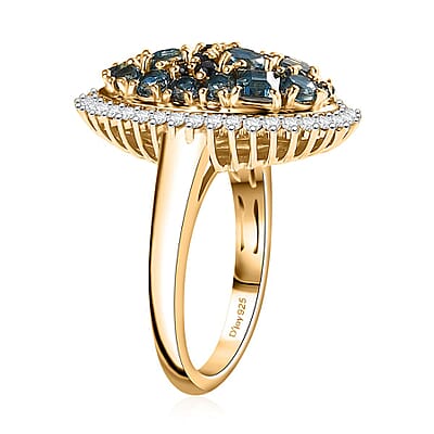D'Joy Premium London Blue Topaz and Multi Gemstone 3.25 ctw Ocean Mosaic Ring in 18K Vermeil Yellow Gold Over Sterling Silver (Size 10.0)