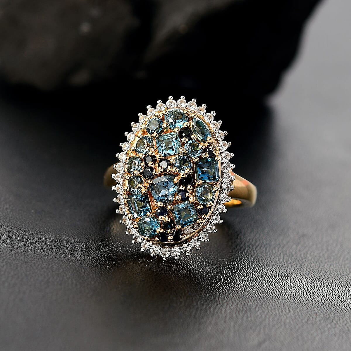 D'Joy Premium London Blue Topaz and Multi Gemstone 3.25 ctw Ocean Mosaic Ring in 18K Vermeil Yellow Gold Over Sterling Silver (Size 9.0) image number 1
