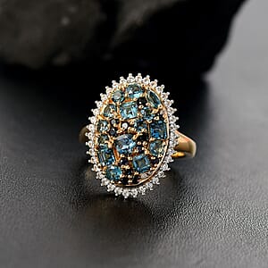 D'Joy Premium London Blue Topaz and Multi Gemstone 3.25 ctw Ocean Mosaic Ring in 18K Vermeil Yellow Gold Over Sterling Silver (Size 9.0)