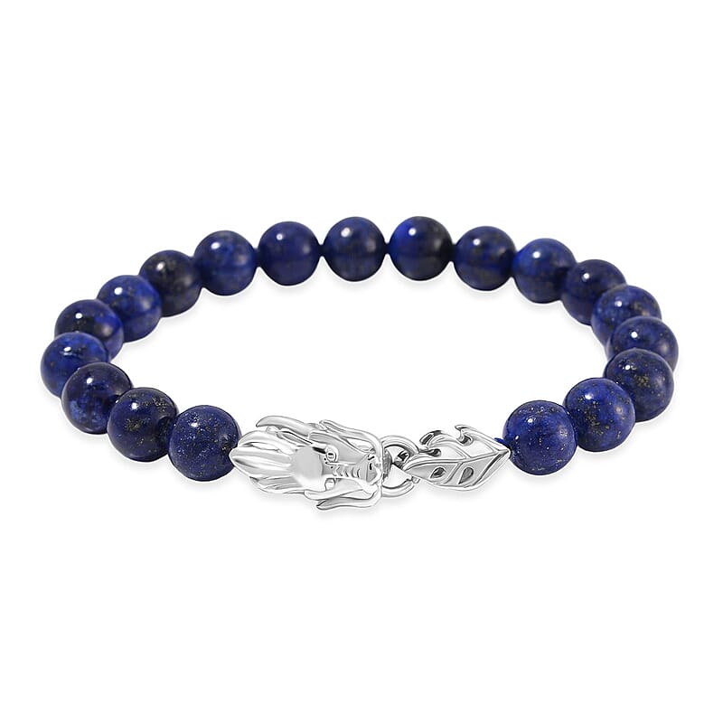 Lapis Lazuli 10mm Beaded Dragon Bracelet in Stainless Steel (7.5-8.0In) 45.00 ctw