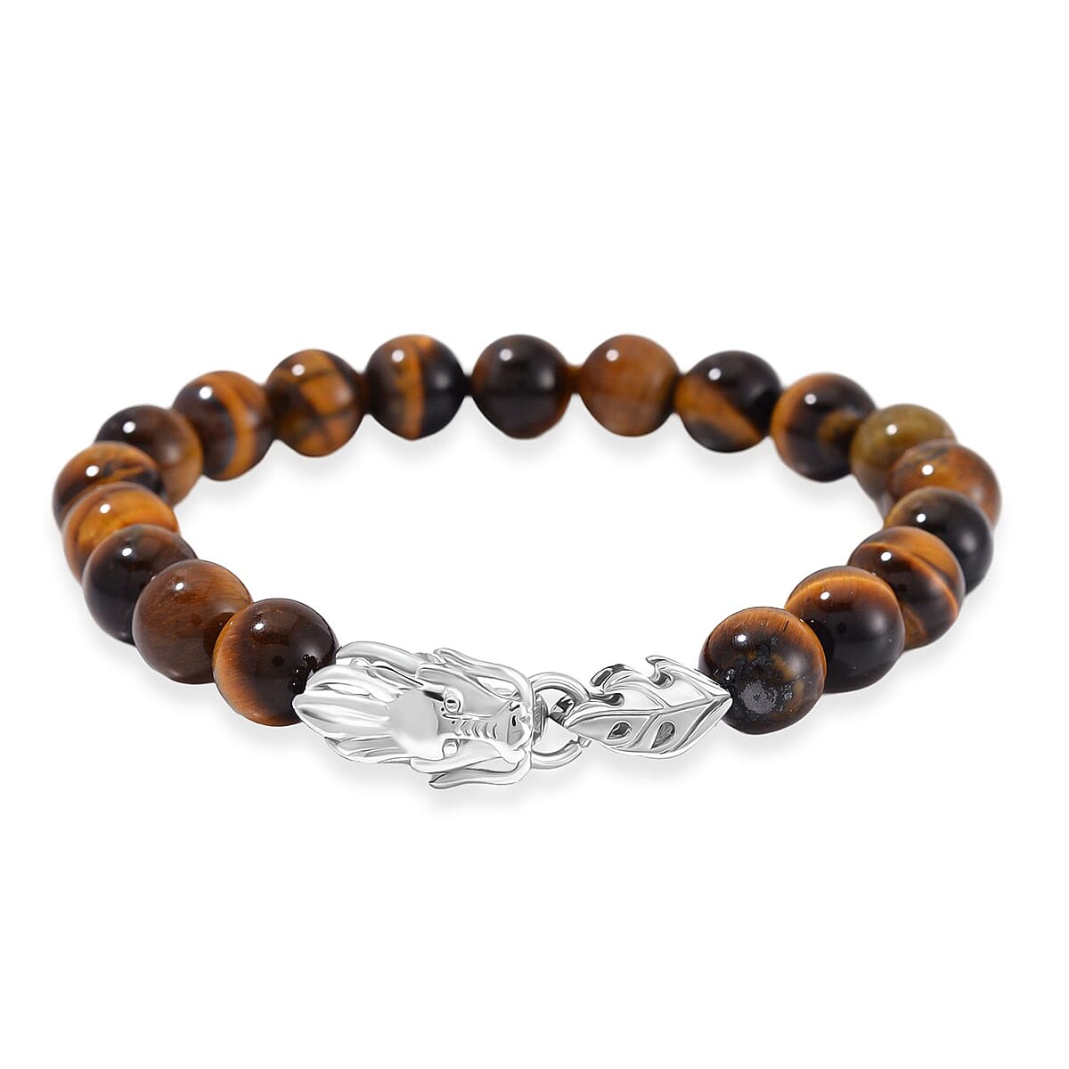 Yellow Tigers Eye 10mm Beaded Dragon Bracelet in Stainless Steel (7.5-8.0In) 45.00 ctw image number 0