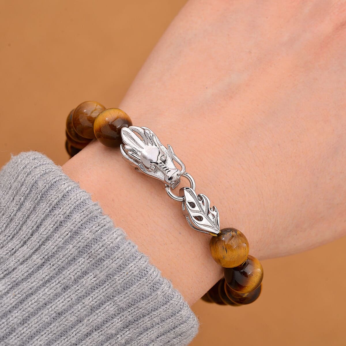 Yellow Tigers Eye 10mm Beaded Dragon Bracelet in Stainless Steel (7.5-8.0In) 45.00 ctw image number 1