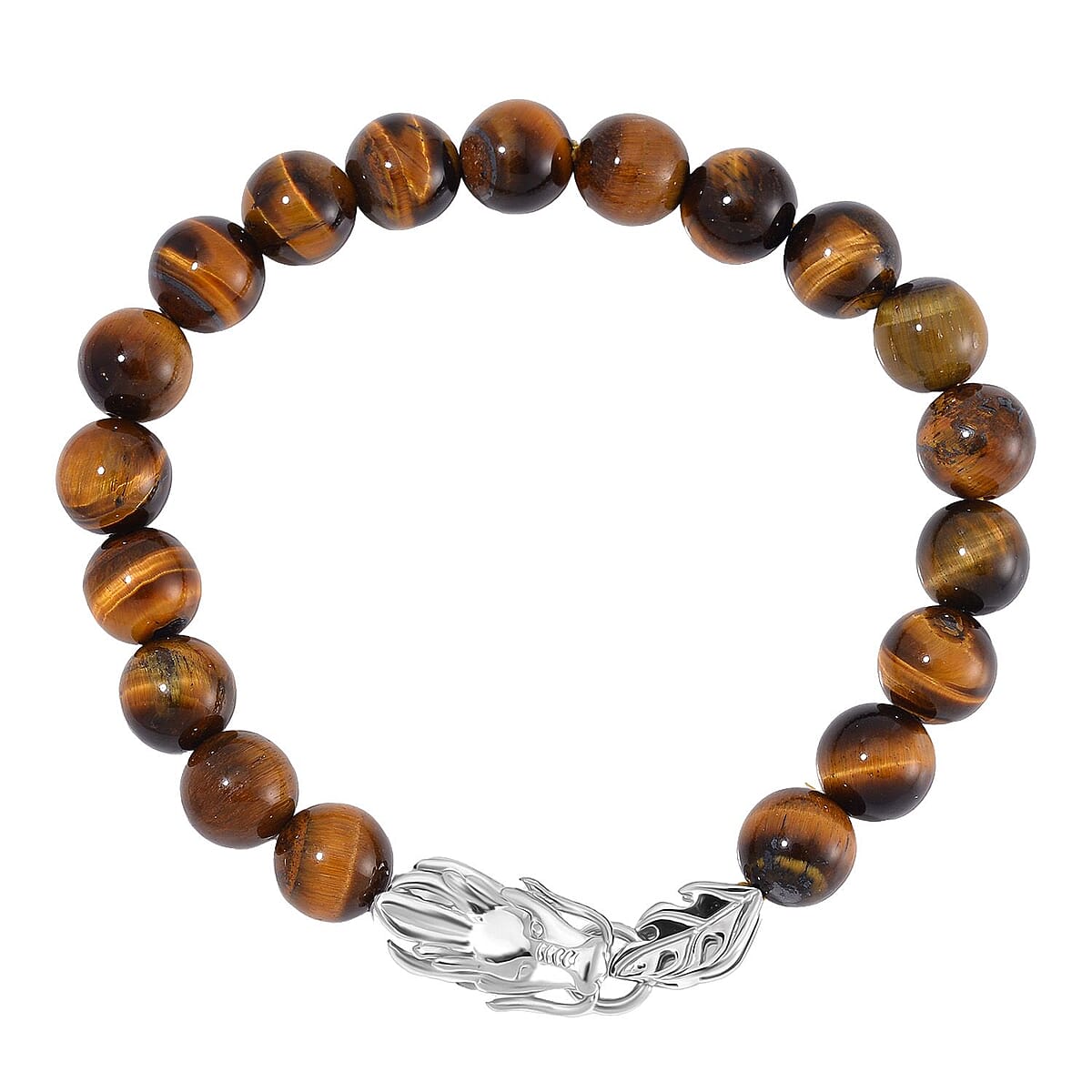 Yellow Tigers Eye 10mm Beaded Dragon Bracelet in Stainless Steel (7.5-8.0In) 45.00 ctw image number 2