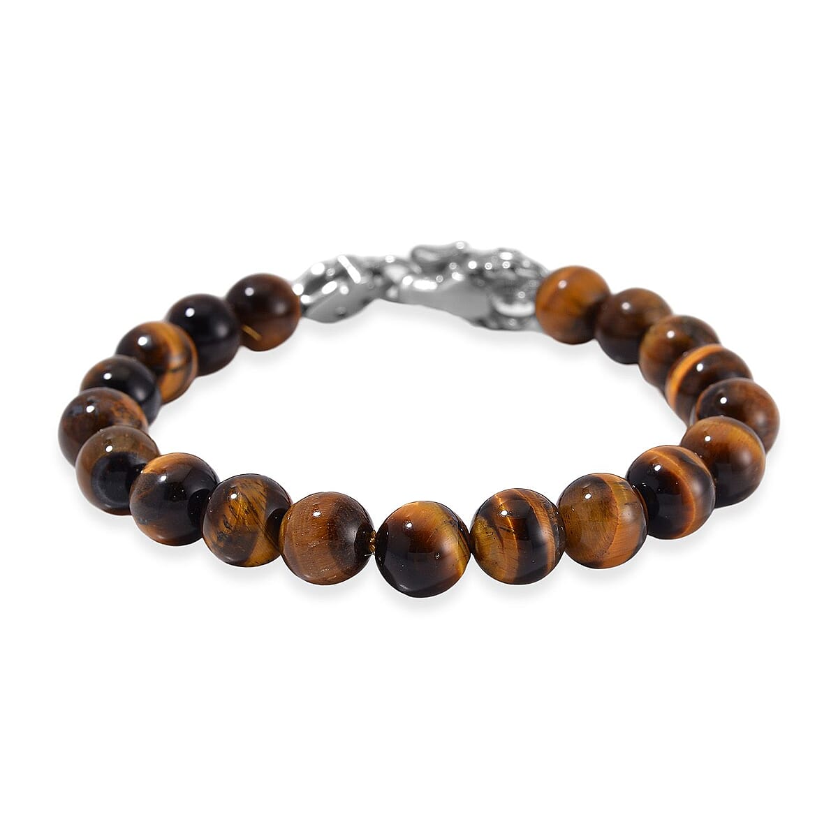 Yellow Tigers Eye 10mm Beaded Dragon Bracelet in Stainless Steel (7.5-8.0In) 45.00 ctw image number 3