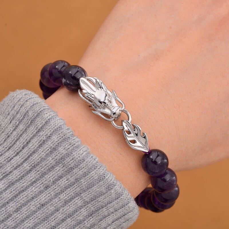 African Amethyst 10mm Beaded Dragon Bracelet in Stainless Steel (7.5-8.0In) 45.00 ctw