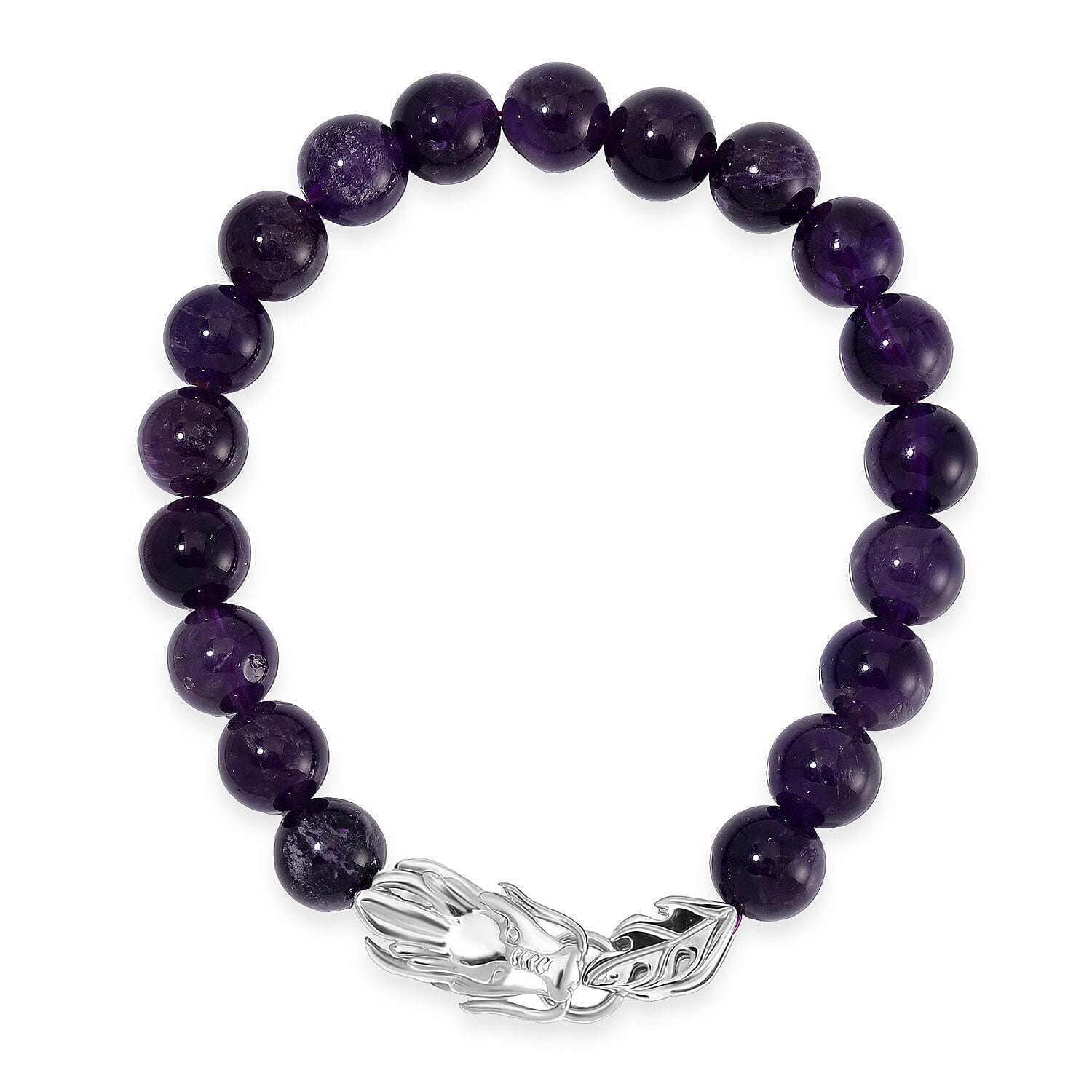 African Amethyst 10mm Beaded Dragon Bracelet in Stainless Steel (7.5-8.0In) 45.00 ctw