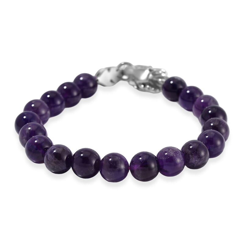 African Amethyst 10mm Beaded Dragon Bracelet in Stainless Steel (7.5-8.0In) 45.00 ctw