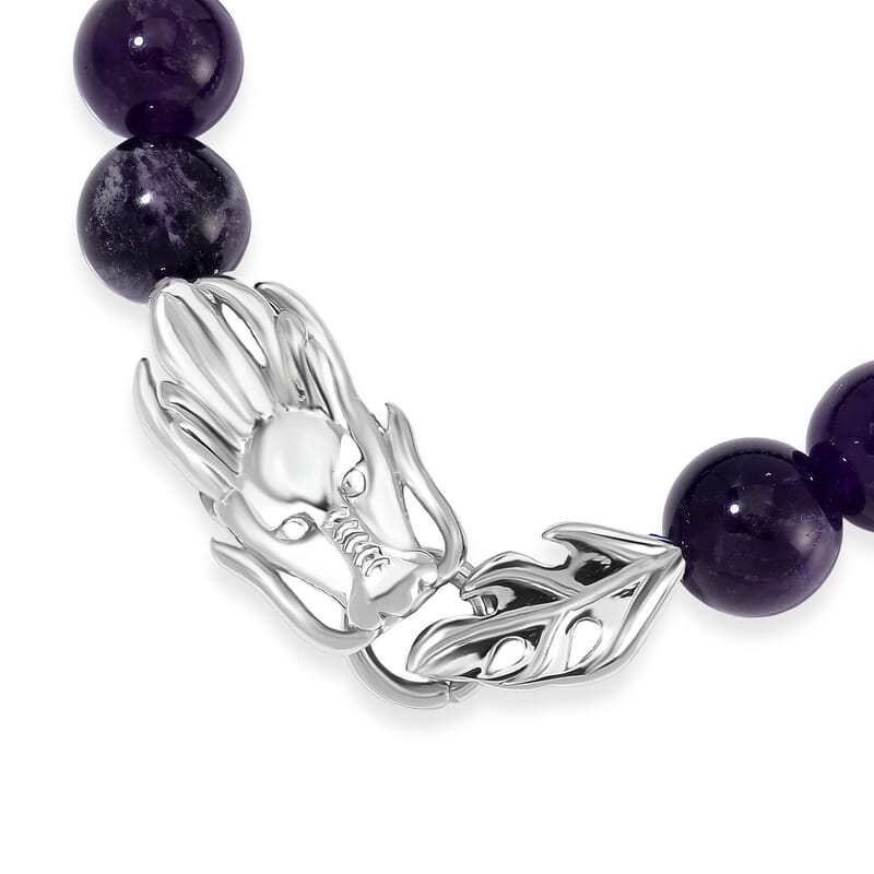 African Amethyst 10mm Beaded Dragon Bracelet in Stainless Steel (7.5-8.0In) 45.00 ctw