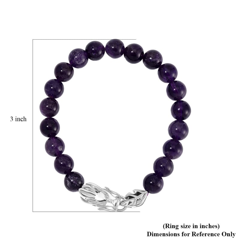African Amethyst 10mm Beaded Dragon Bracelet in Stainless Steel (7.5-8.0In) 45.00 ctw