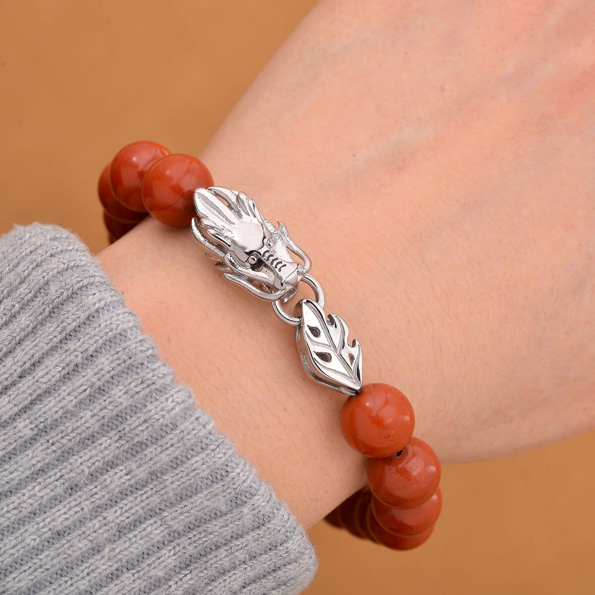 Red Jasper 10mm Beaded Dragon Bracelet in Stainless Steel (7.5-8.0In) 45.00 ctw image number 1