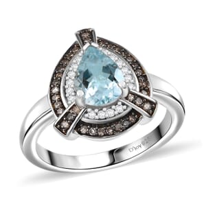 D'Joy Santa Maria Aquamarine and Natural Champagne and White Diamond 1.15 ctw Ring in Rhodium Over Sterling Silver (Size 10.0)