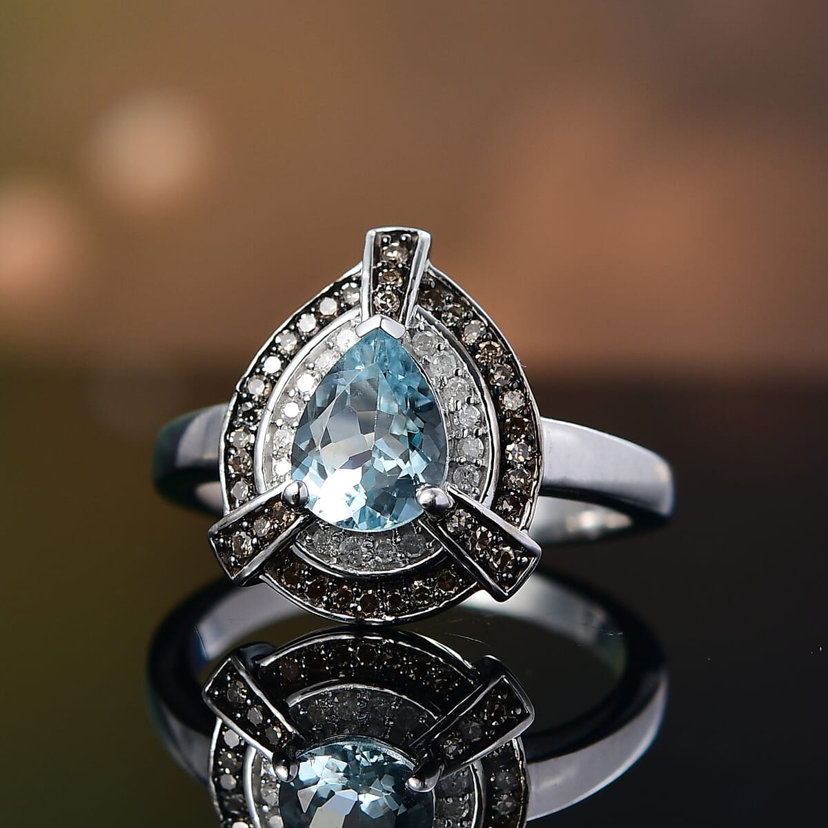Santa Maria Aquamarine, Natural Champagne and White Diamond (0.25 cts) Ring in Rhodium Over Sterling Silver (Size 10.0) 1.15 ctw image number 1
