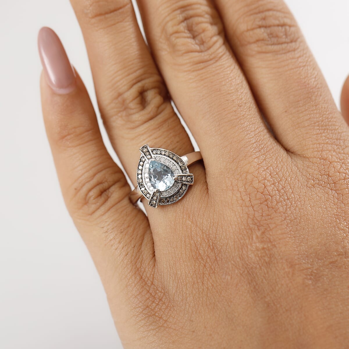 Santa Maria Aquamarine, Natural Champagne and White Diamond (0.25 cts) Ring in Rhodium Over Sterling Silver (Size 10.0) 1.15 ctw image number 2
