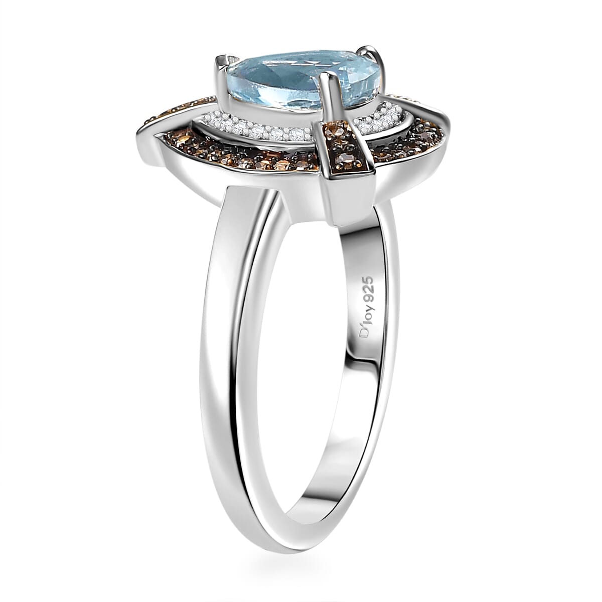 Santa Maria Aquamarine, Natural Champagne and White Diamond (0.25 cts) Ring in Rhodium Over Sterling Silver (Size 10.0) 1.15 ctw image number 3