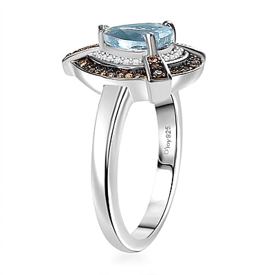 D'Joy Santa Maria Aquamarine and Natural Champagne and White Diamond 1.15 ctw Ring in Rhodium Over Sterling Silver (Size 10.0)