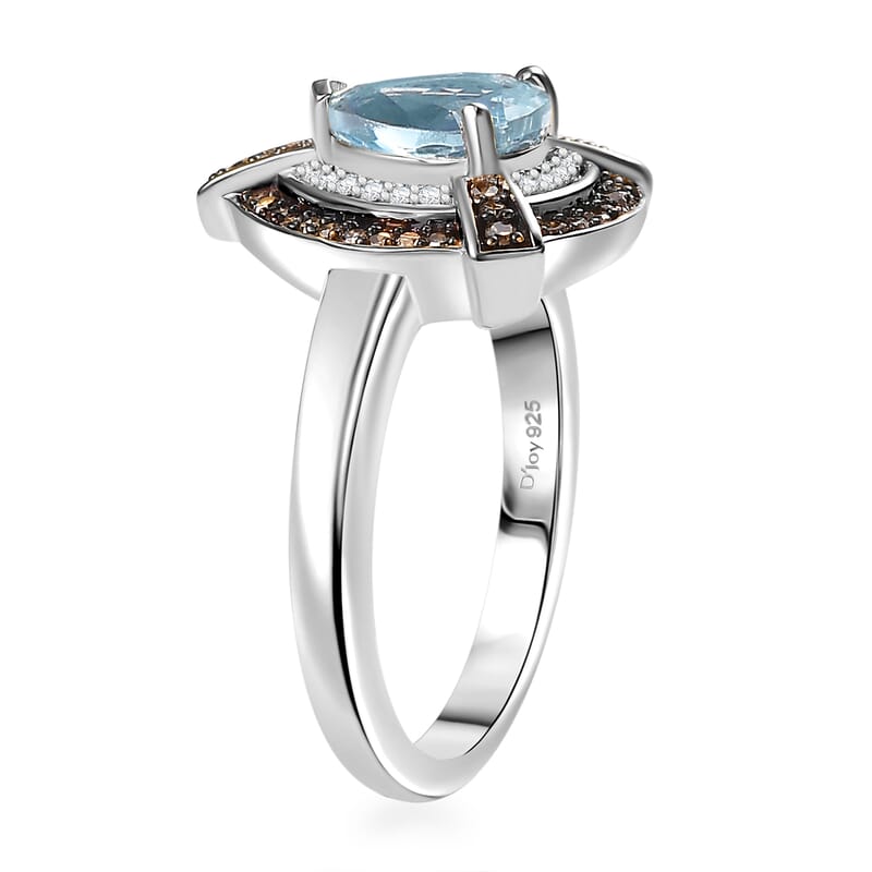 D'Joy Santa Maria Aquamarine and Natural Champagne and White Diamond 1.15 ctw Ring in Rhodium Over Sterling Silver (Size 10.0)