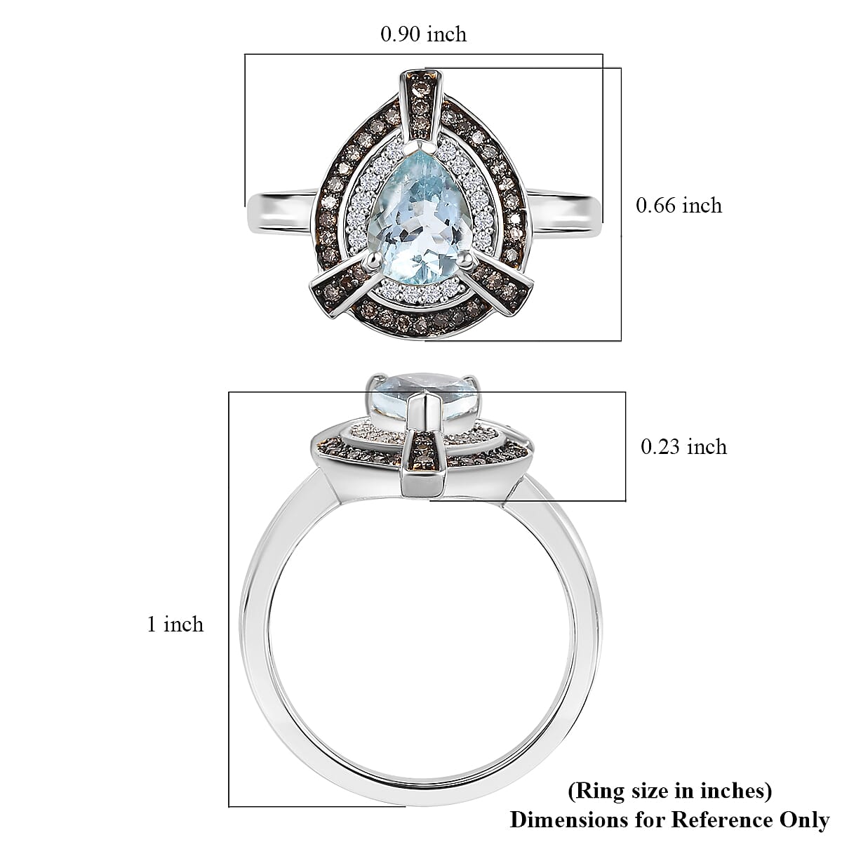 D'Joy Santa Maria Aquamarine and Natural Champagne and White Diamond 1.15 ctw Ring in Rhodium Over Sterling Silver (Size 10.0)